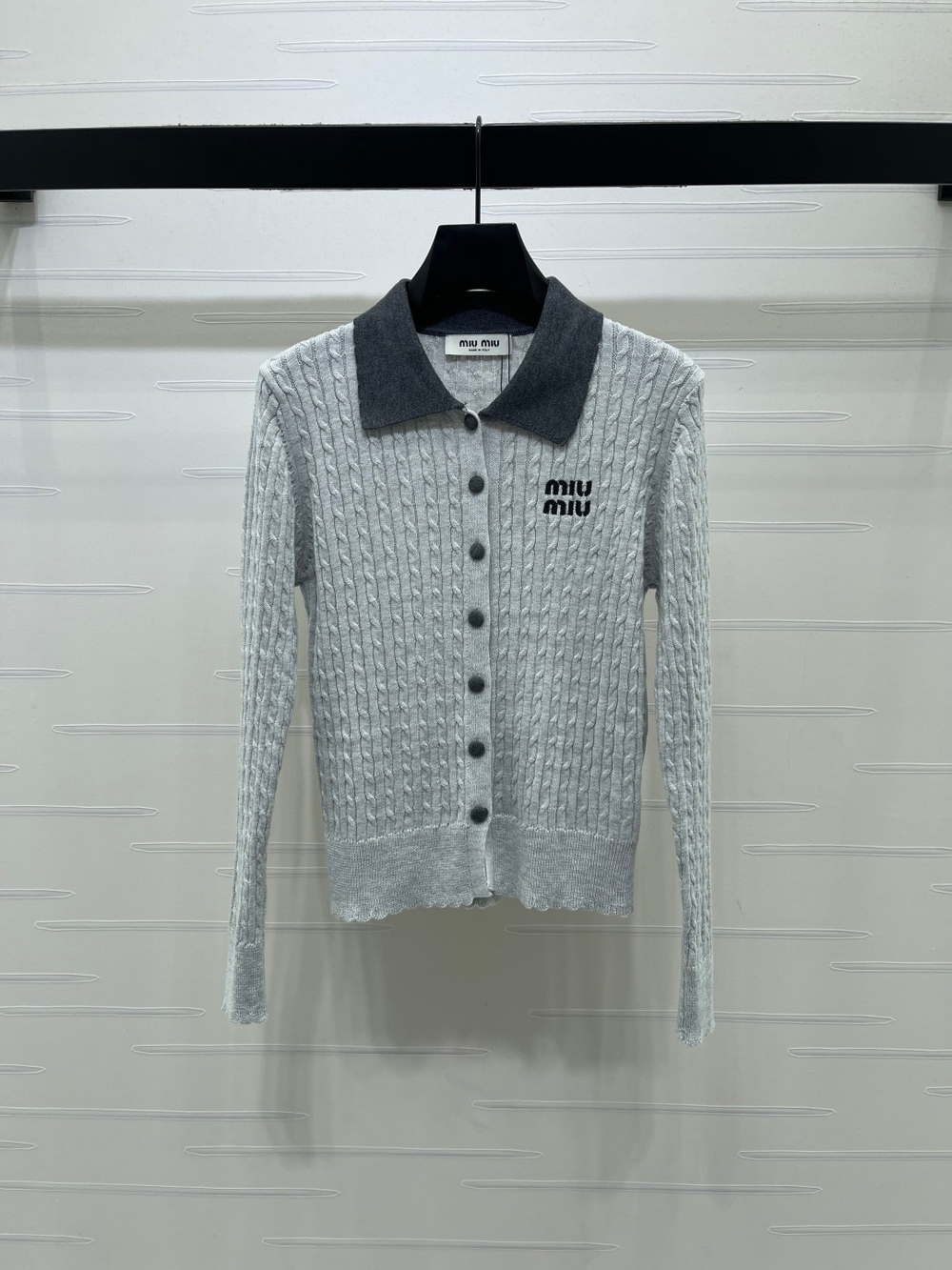 Miu Miu Grey Contrast Collar Cable Knit Cardigan